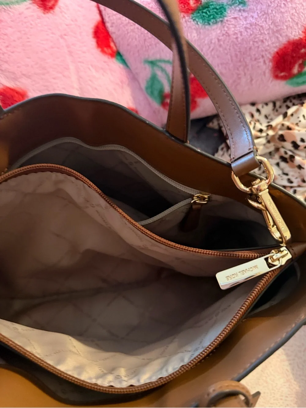Michael Kors Brown MK Logo Satchel with Gold Charm
